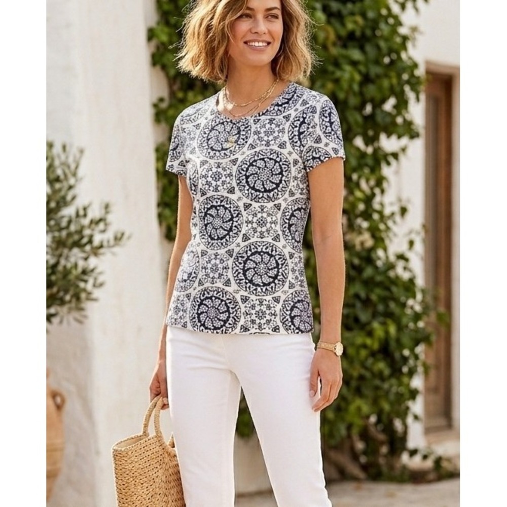 Talbots Petites SP Black‎ White Medallion Tile Print Pima Cotton T-Shirt Coastal